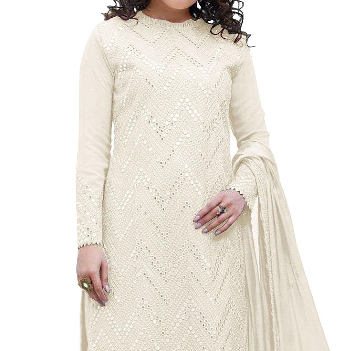 Off White Sequence Embroidered Georgette Suit - Peachmode