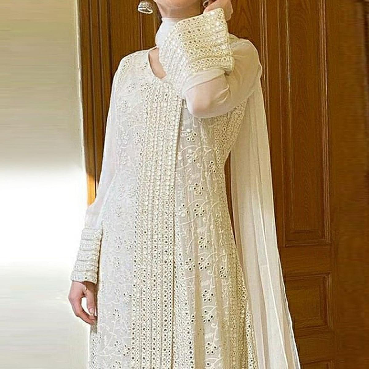 Off White Sequence Embroidered Georgette Suit - Peachmode