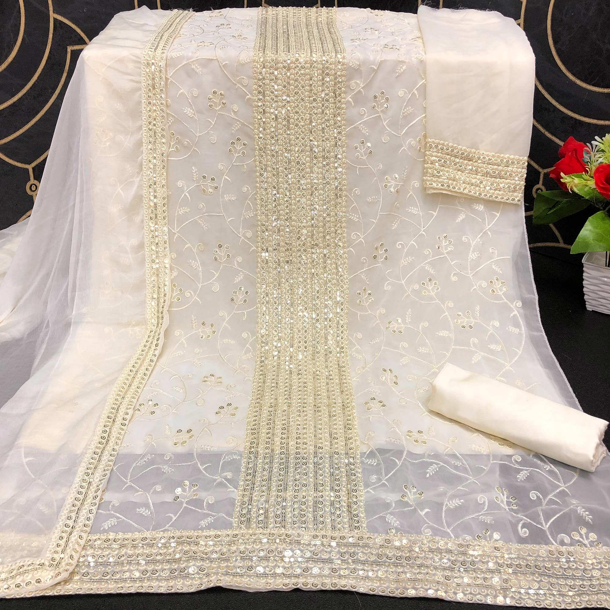 Off White Sequence Embroidered Georgette Suit - Peachmode