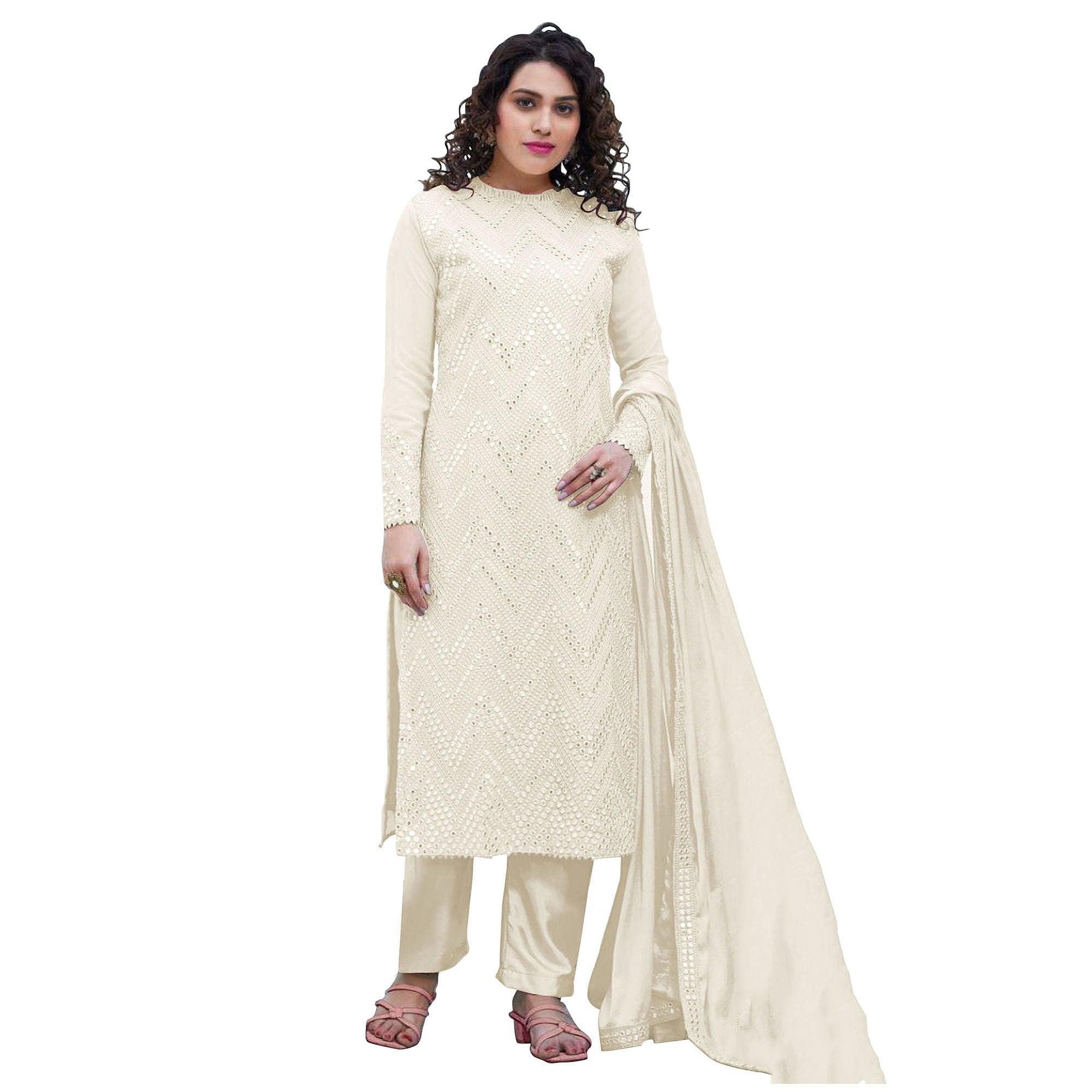 Off White Sequence Embroidered Georgette Suit - Peachmode