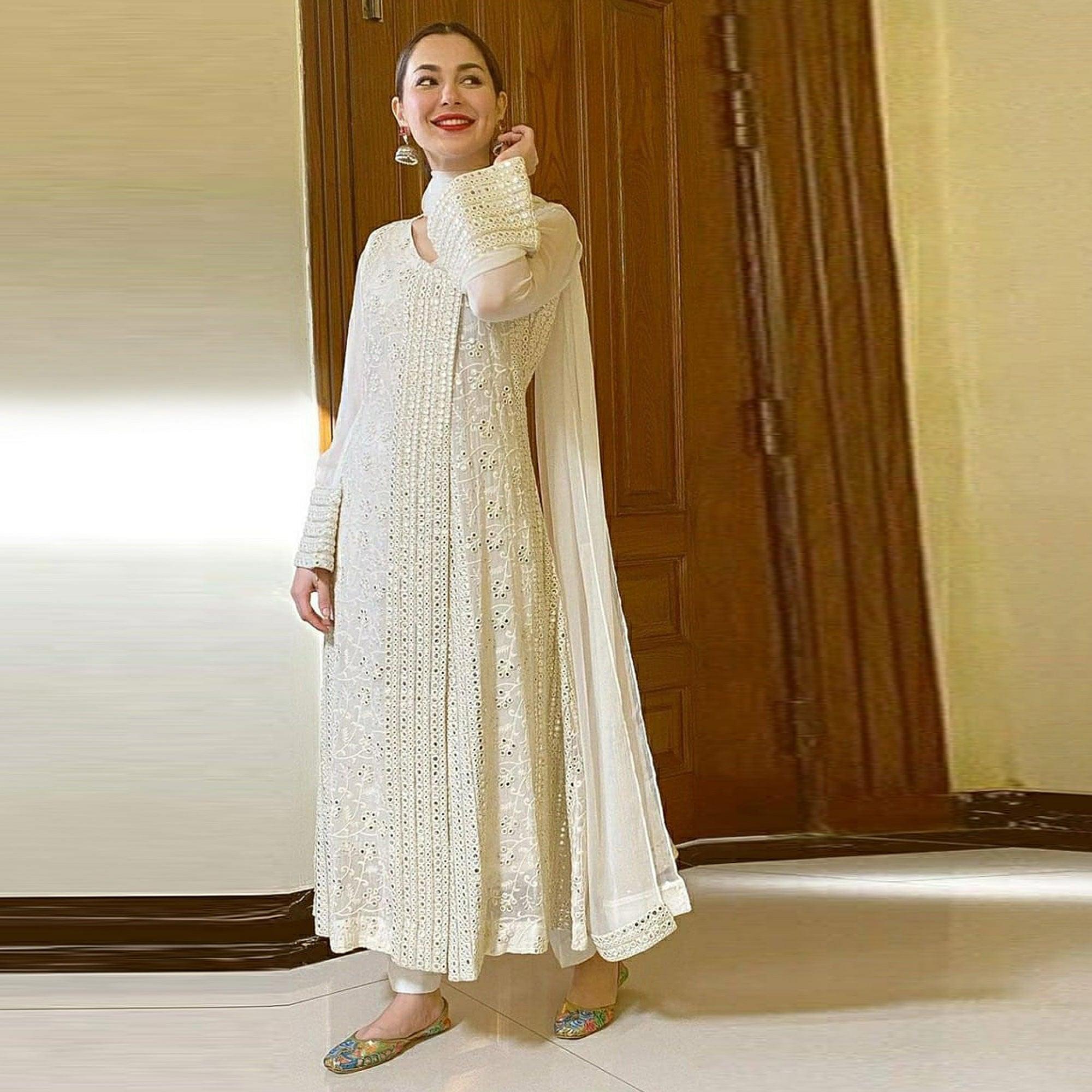 Off White Sequence Embroidered Georgette Suit - Peachmode