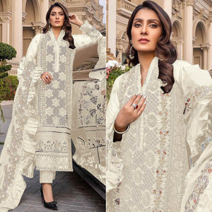 Off White Sequence With Floral Embroidered Georgette Pakistani Suit - Peachmode