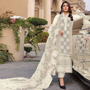 Off White Sequence With Floral Embroidered Georgette Pakistani Suit - Peachmode