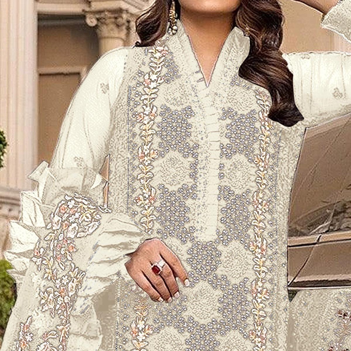 Off White Sequence With Floral Embroidered Georgette Pakistani Suit - Peachmode