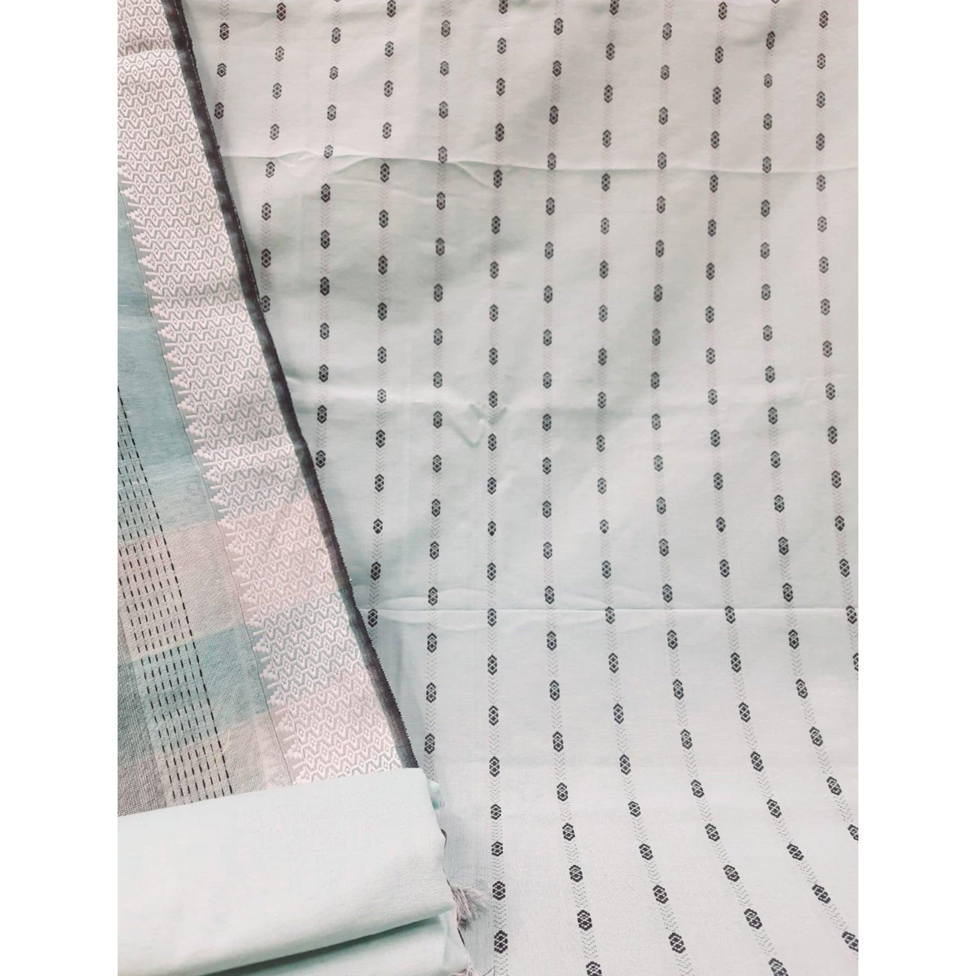 Off-White Stripes Printed Poly Cotton Dress Material - Peachmode