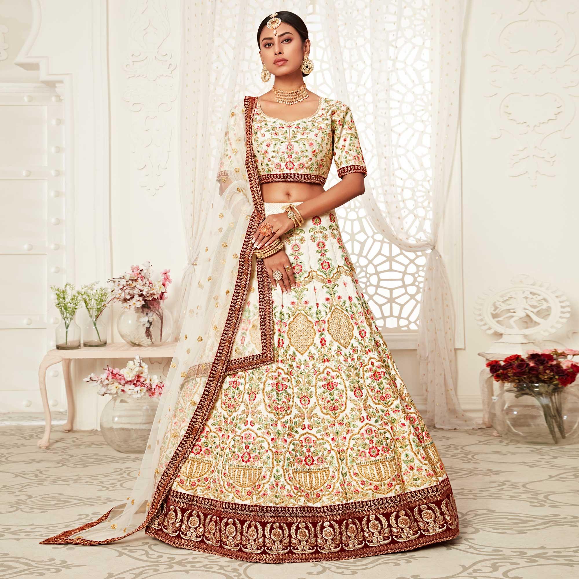 Off White Wedding Wear Floral Sequins Embroidered With Diamond Art Silk Lehenga Choli - Peachmode