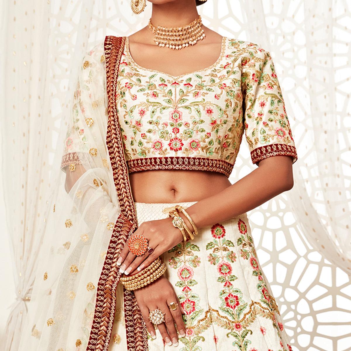 Off White Wedding Wear Floral Sequins Embroidered With Diamond Art Silk Lehenga Choli - Peachmode