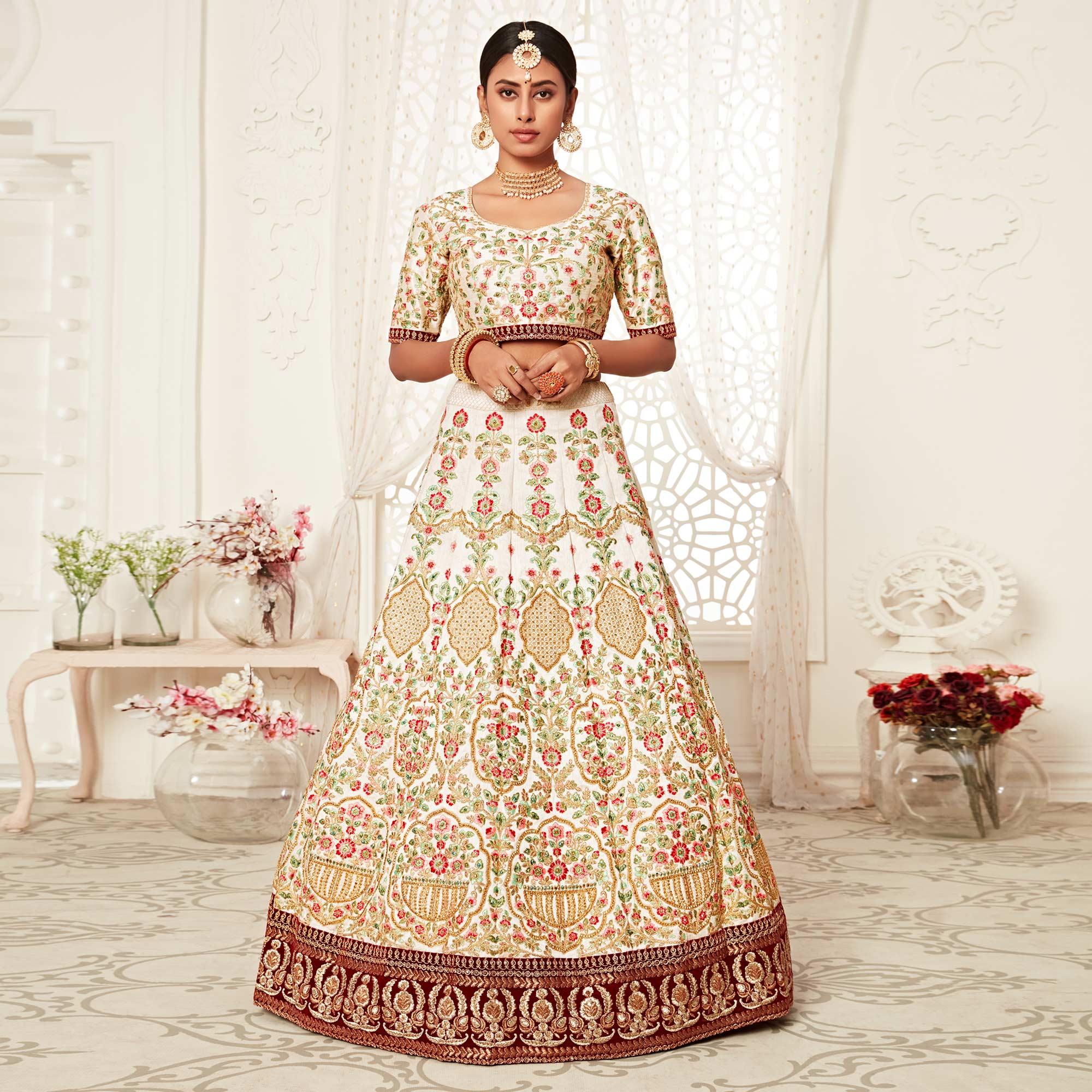 Off White Wedding Wear Floral Sequins Embroidered With Diamond Art Silk Lehenga Choli - Peachmode