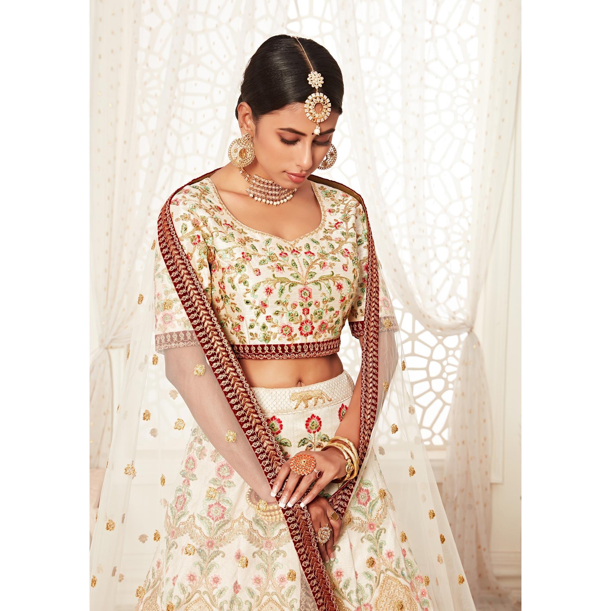 Off White Wedding Wear Floral Sequins Embroidered With Diamond Art Silk Lehenga Choli - Peachmode