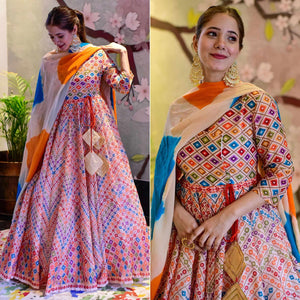 Off-White With Multi Digital Printed Silk Partywear Gown - Peachmode