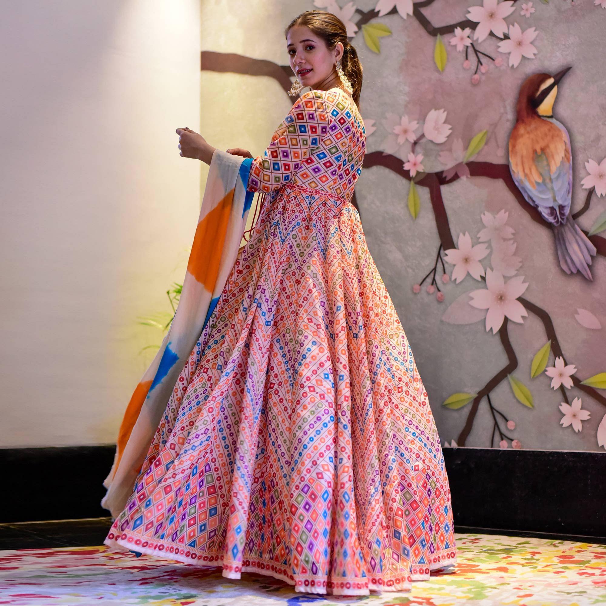 Off-White With Multi Digital Printed Silk Partywear Gown - Peachmode