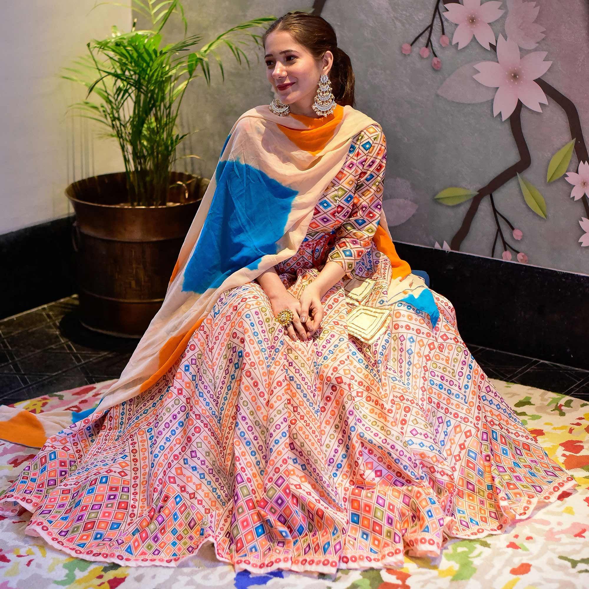 Off-White With Multi Digital Printed Silk Partywear Gown - Peachmode