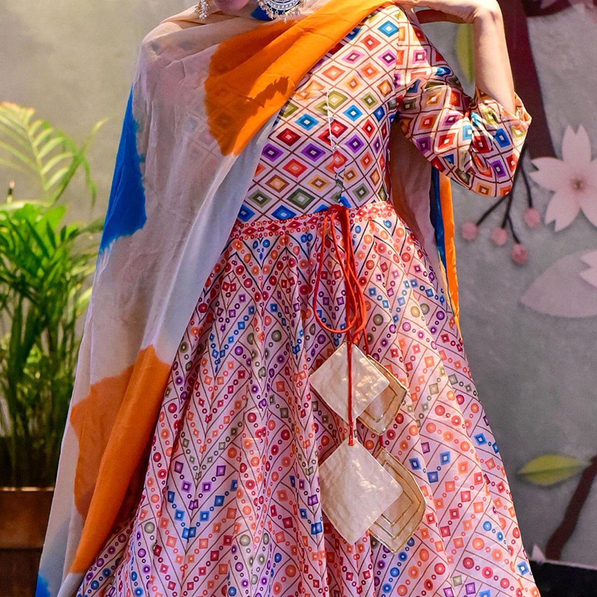 Off-White With Multi Digital Printed Silk Partywear Gown - Peachmode