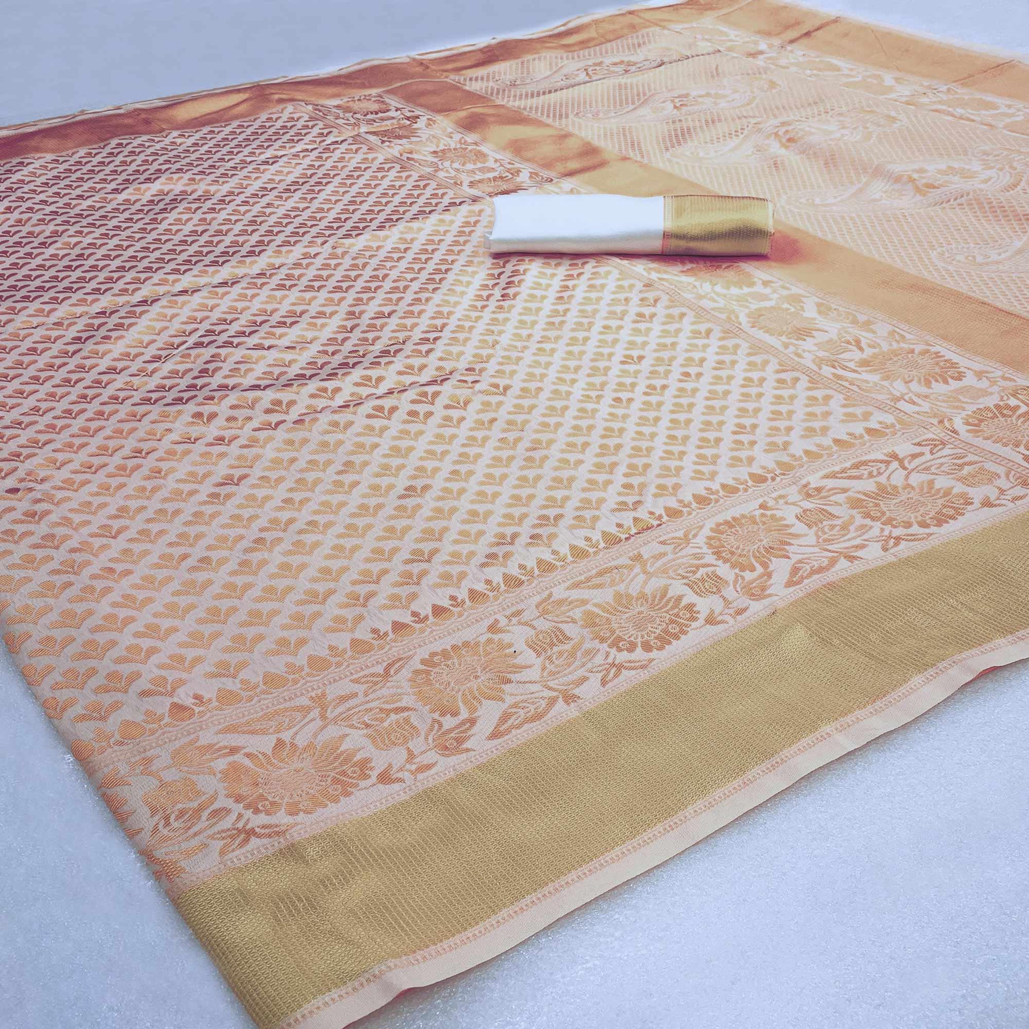 Off White Woven Banarasi Silk Saree - Peachmode