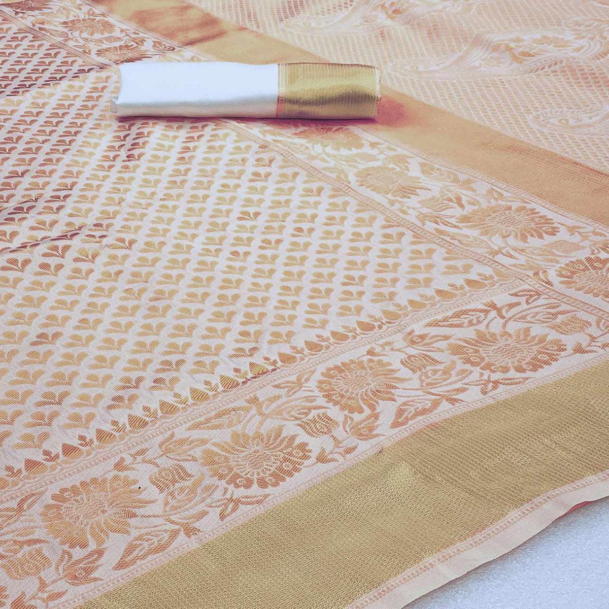 Off White Woven Banarasi Silk Saree - Peachmode