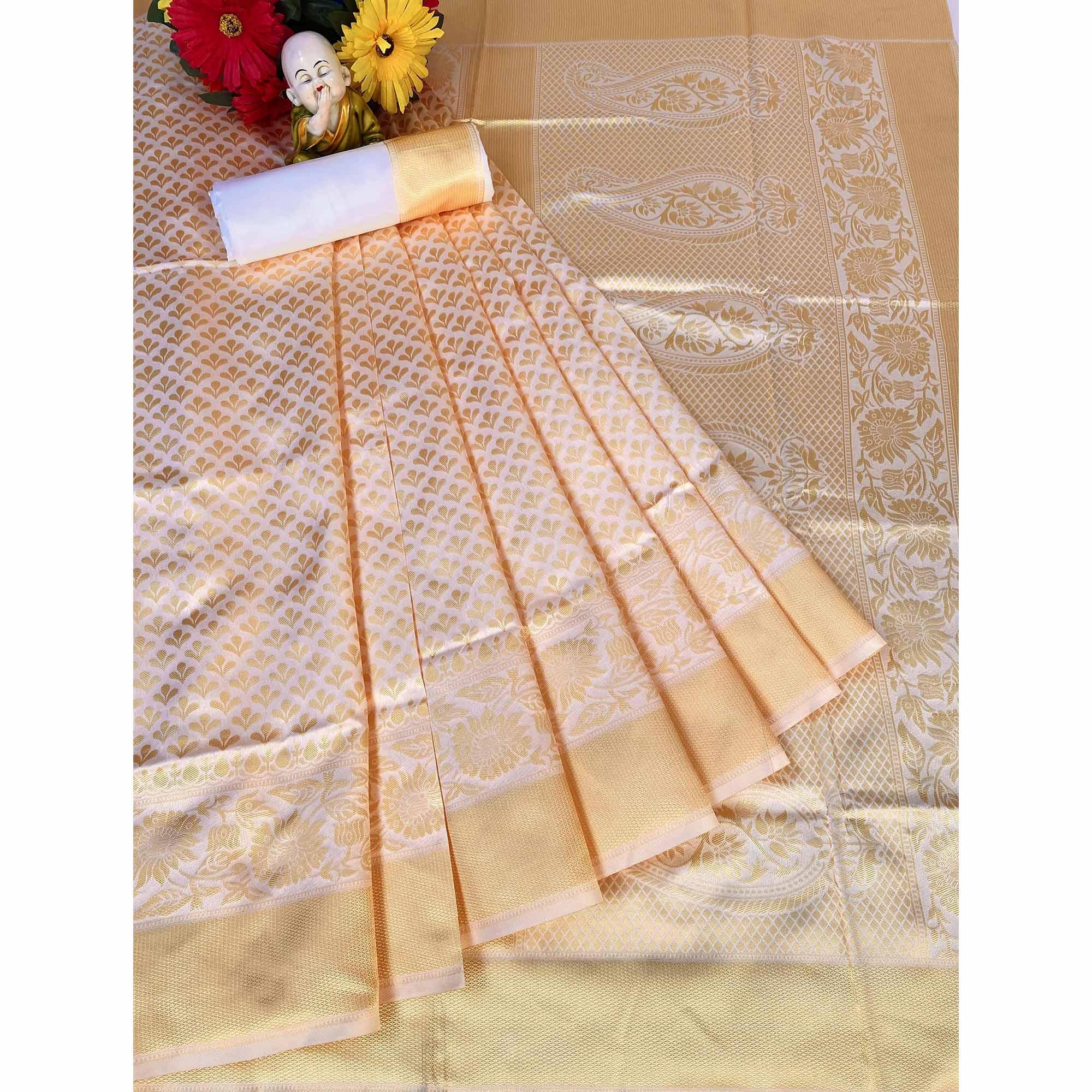 Off White Woven Banarasi Silk Saree - Peachmode