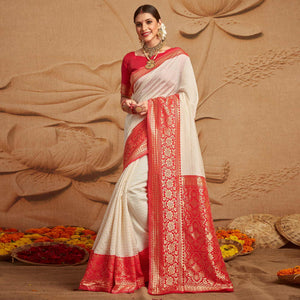 Off-White Woven Cotton Silk Saree - Peachmode