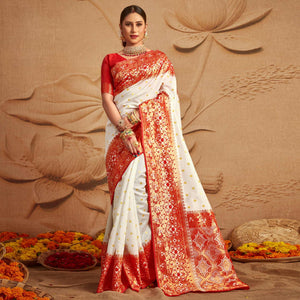 Off-White Woven Cotton Silk Saree - Peachmode