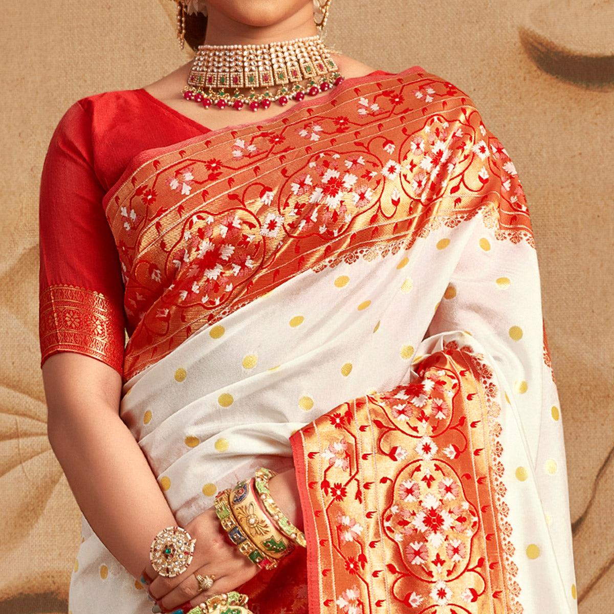 Off-White Woven Cotton Silk Saree - Peachmode