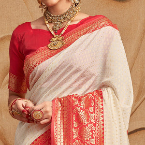 Off-White Woven Cotton Silk Saree - Peachmode