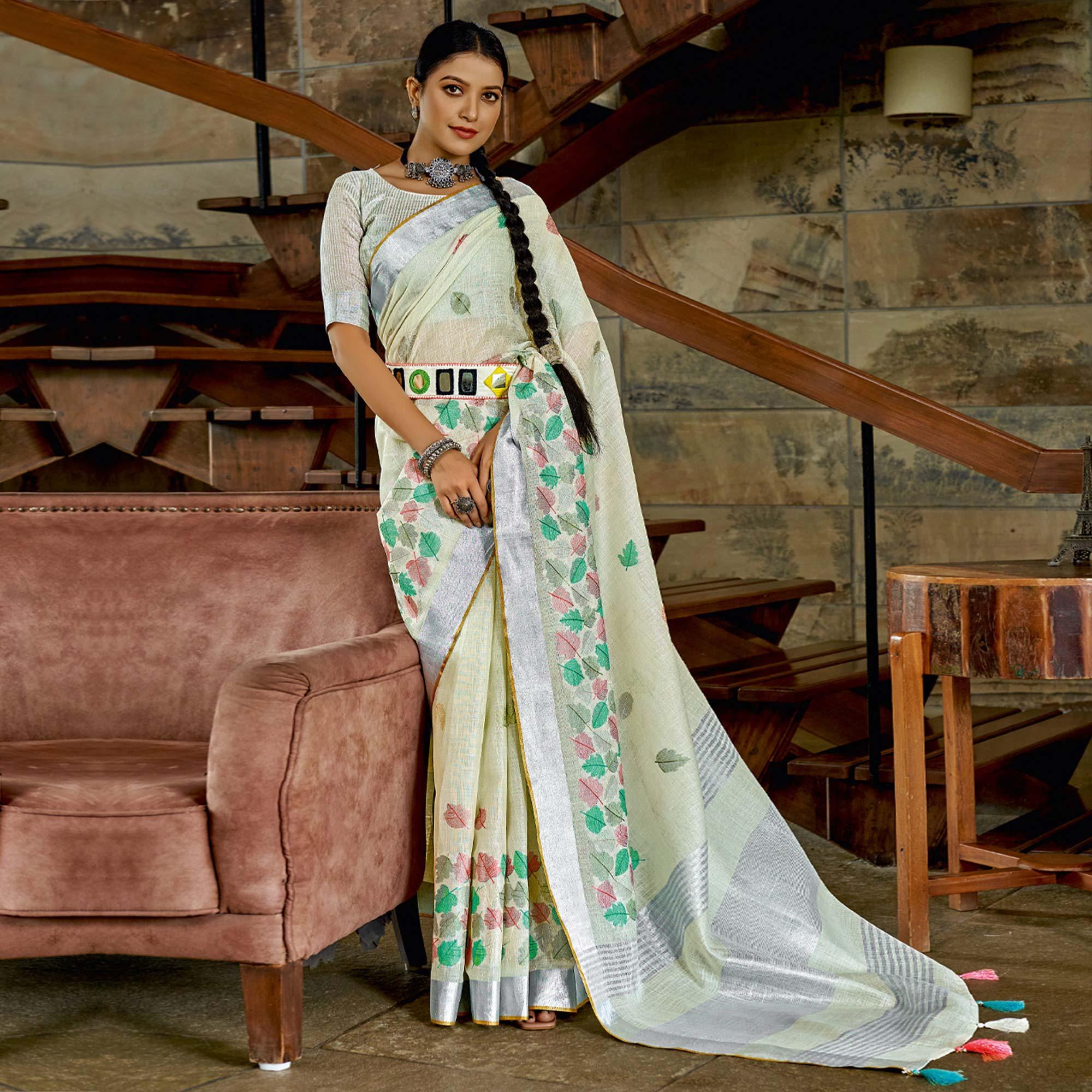 Off-White Woven Linen Saree With Tassels - Peachmode