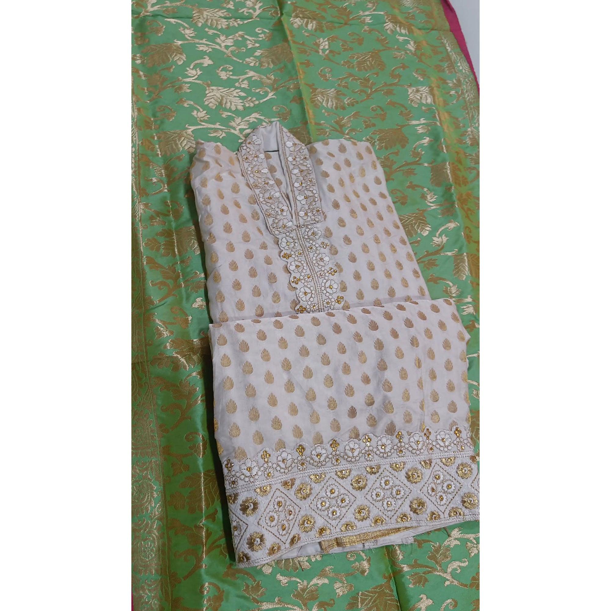 Off White Woven With Floral Embroidered Jacquard Dress Material - Peachmode