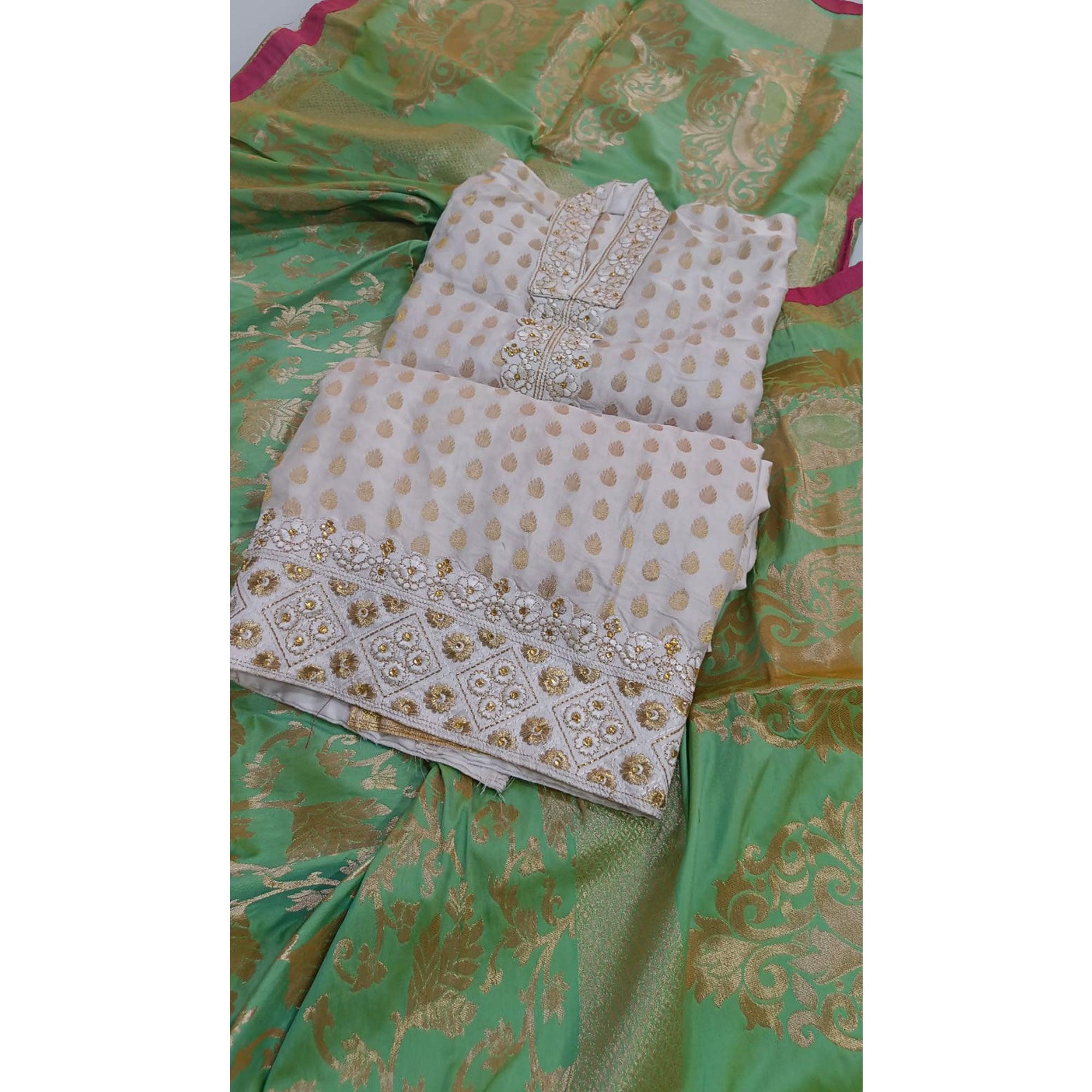 Off White Woven With Floral Embroidered Jacquard Dress Material - Peachmode