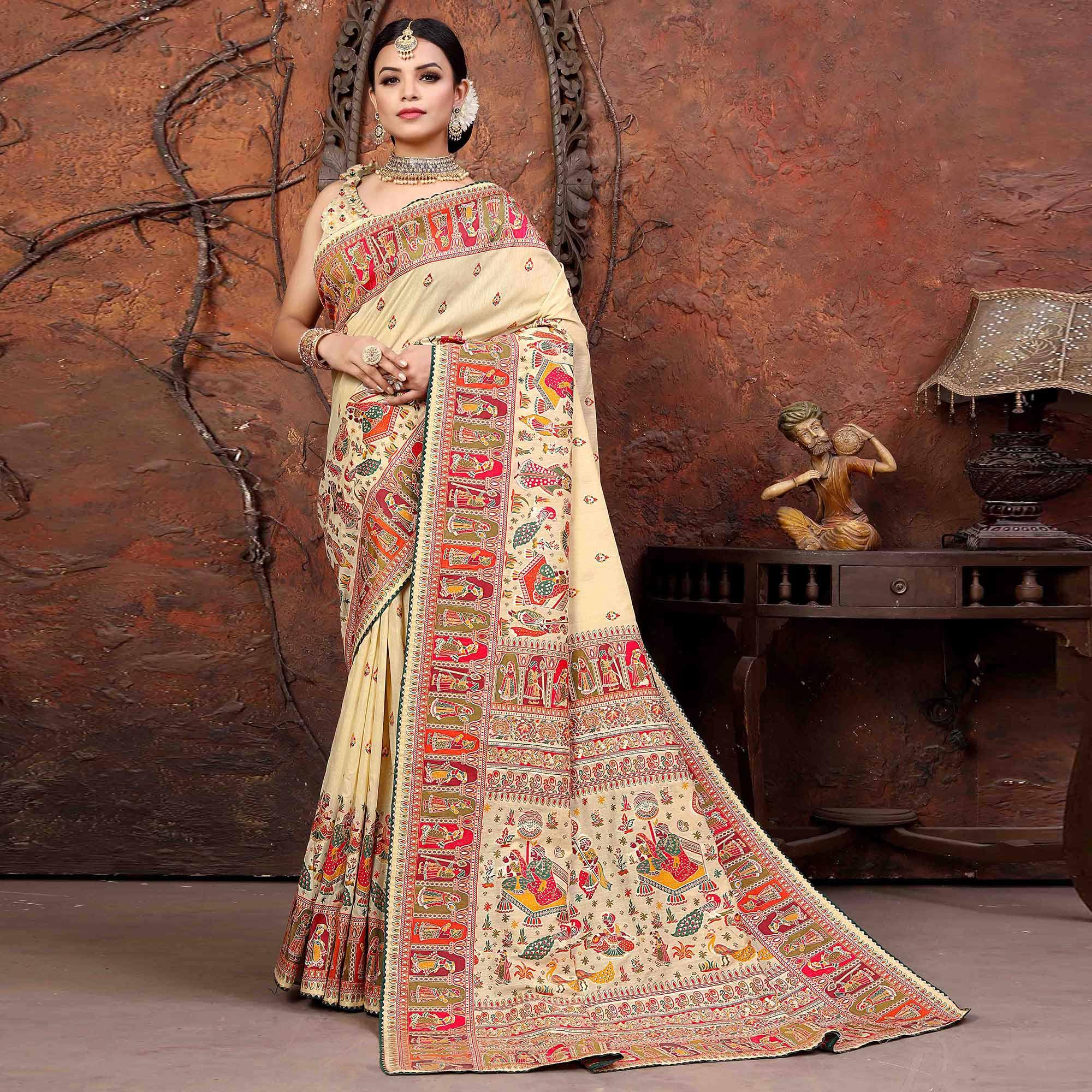 Off White Woven With Gota Patti Border Chanderi Saree - Peachmode