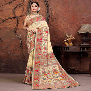 Off White Woven With Gota Patti Border Chanderi Saree - Peachmode