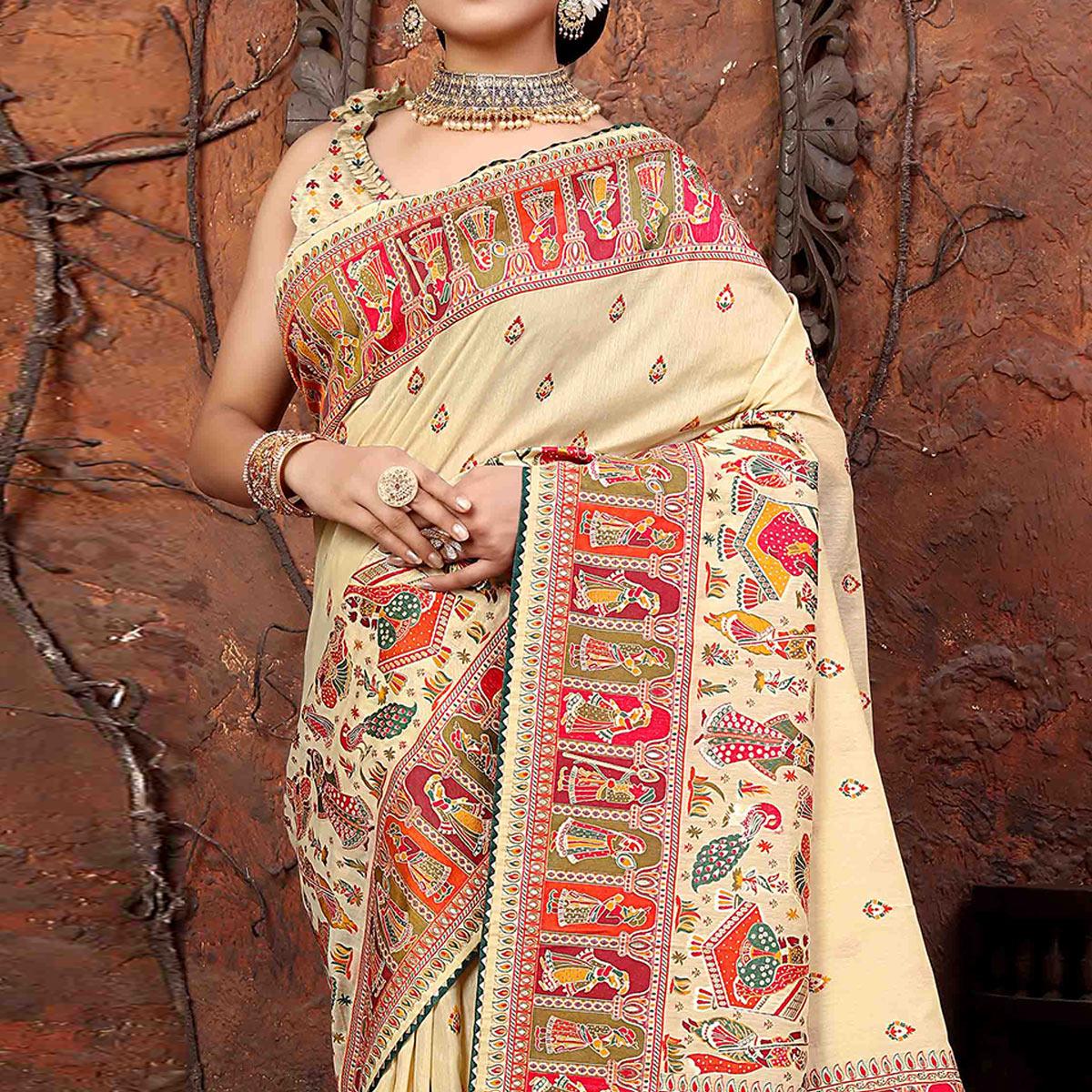 Off White Woven With Gota Patti Border Chanderi Saree - Peachmode