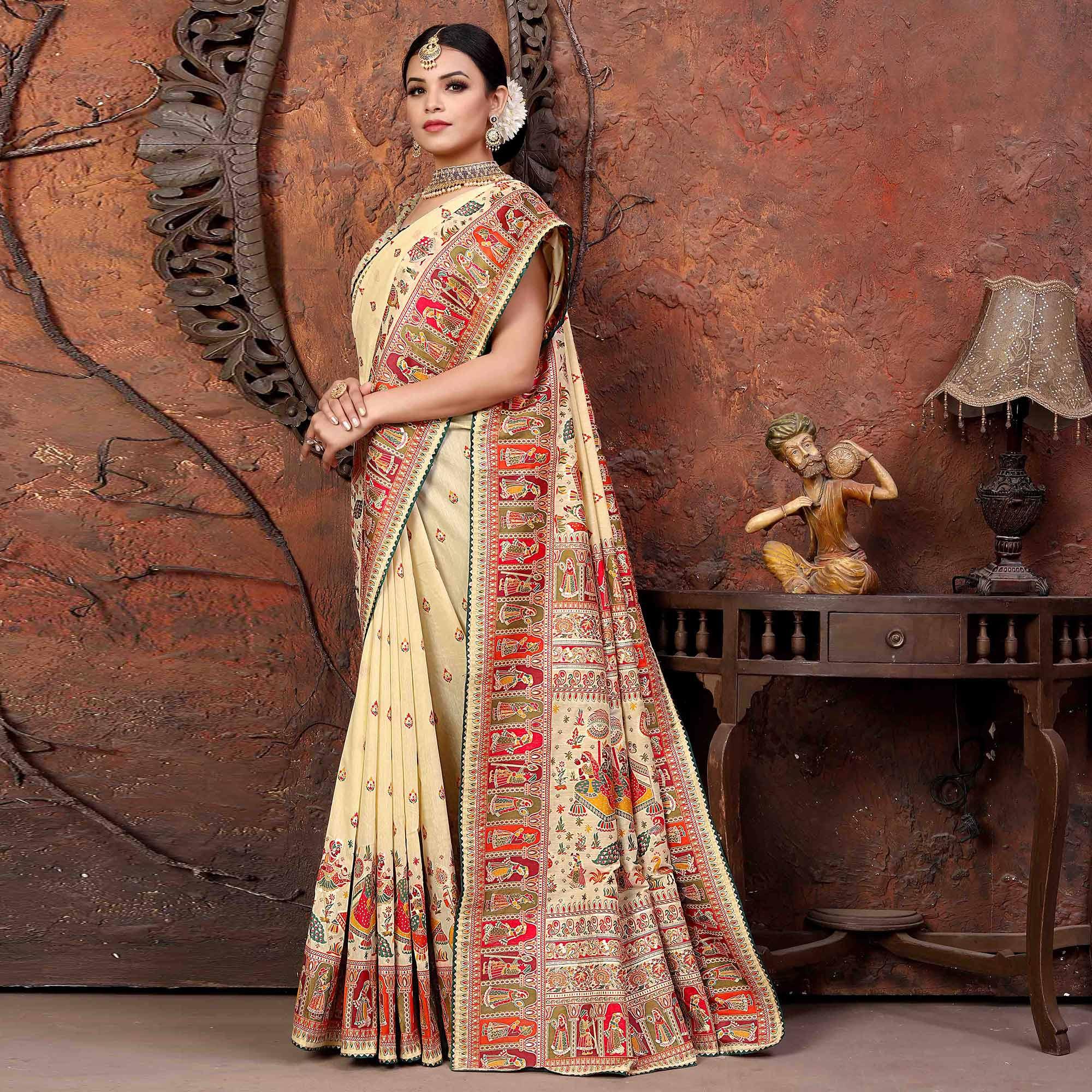 Off White Woven With Gota Patti Border Chanderi Saree - Peachmode