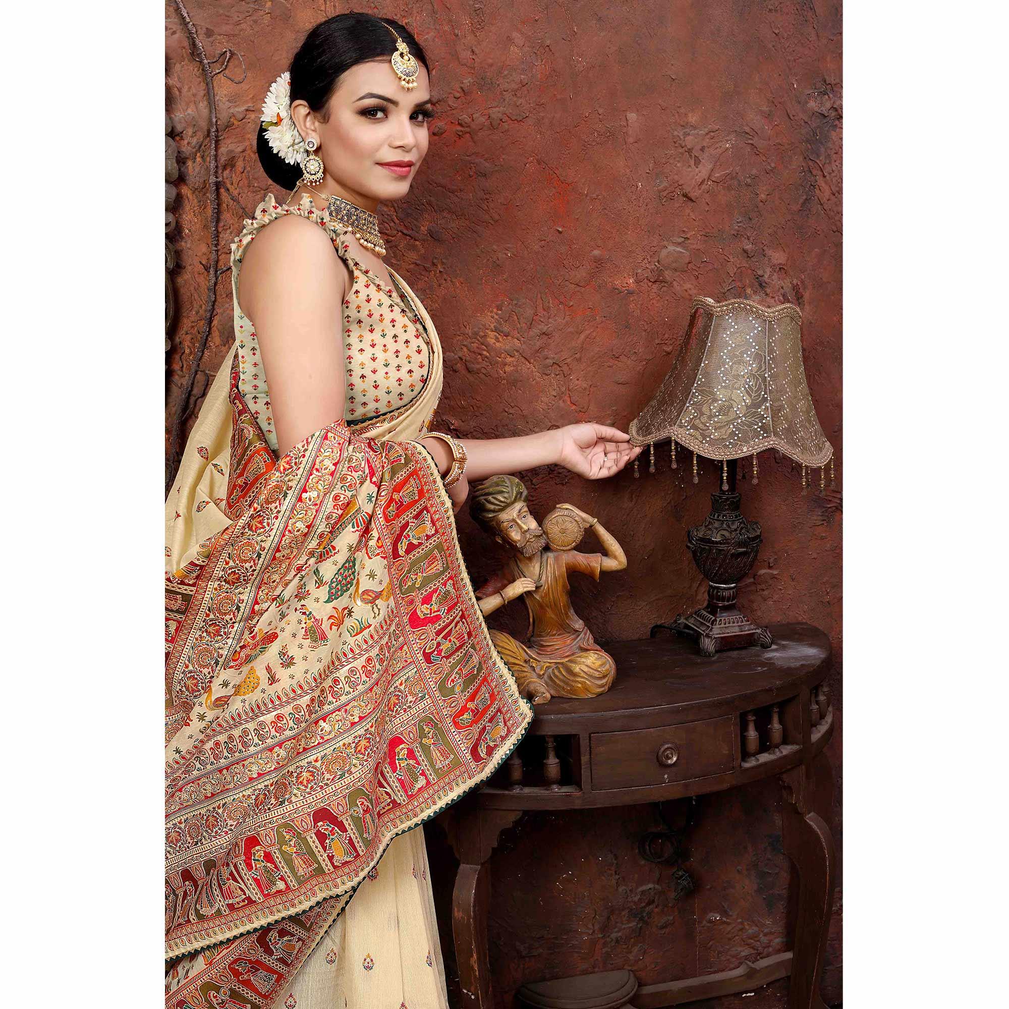 Off White Woven With Gota Patti Border Chanderi Saree - Peachmode