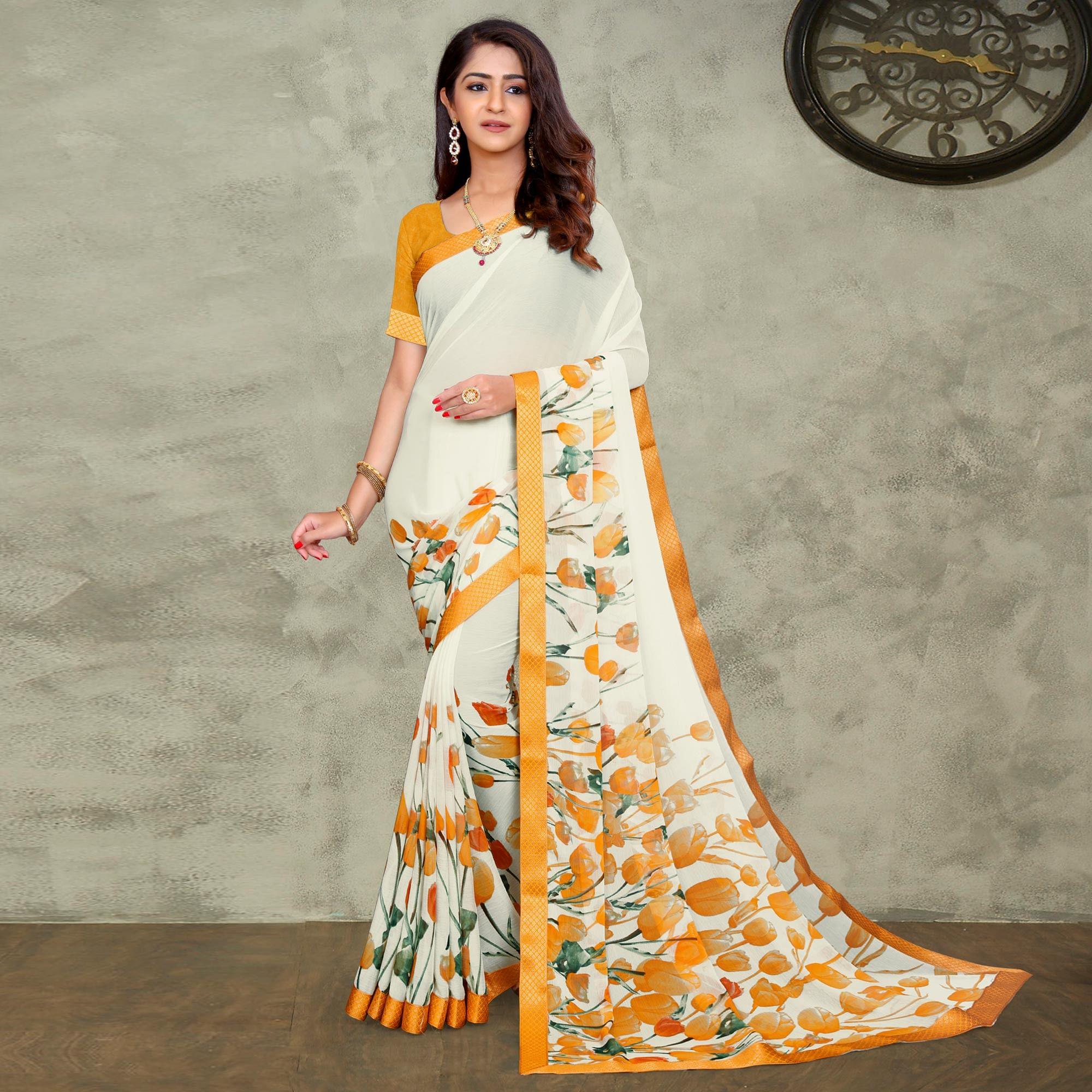 Off White-Yellow Casual Wear Floral Printed Chiffon Saree - Peachmode