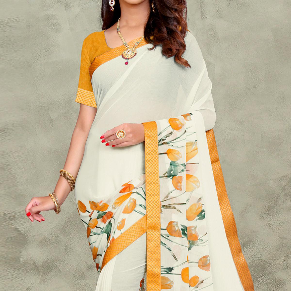 Off White-Yellow Casual Wear Floral Printed Chiffon Saree - Peachmode