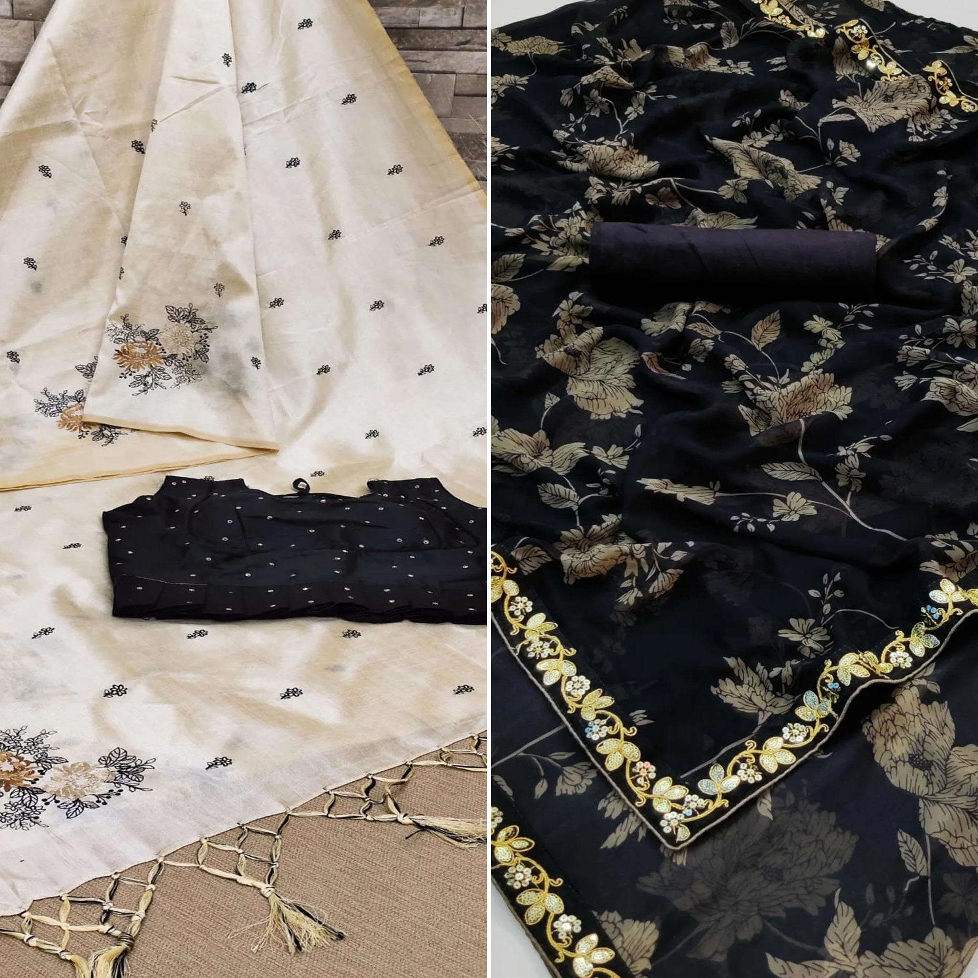 Offwhite And Black Saree - Pack Of 2 - Peachmode