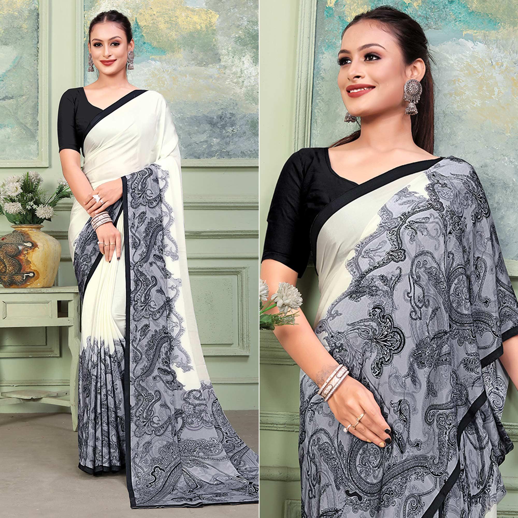 Offwhite & Grey Printed Raw Silk Saree - Peachmode