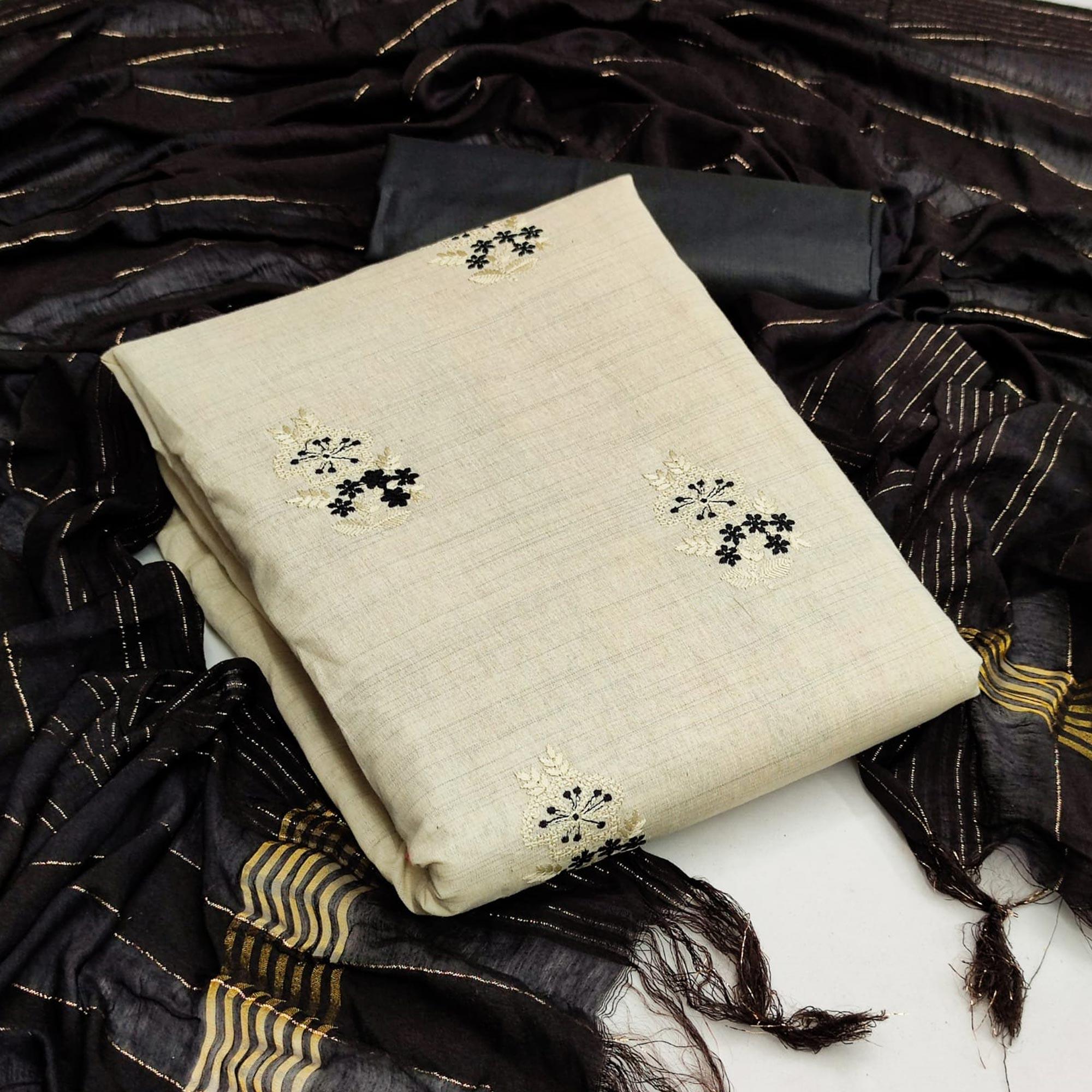 Offwhite - Black Casual Wear Embroidered Cotton Dress Material - Peachmode