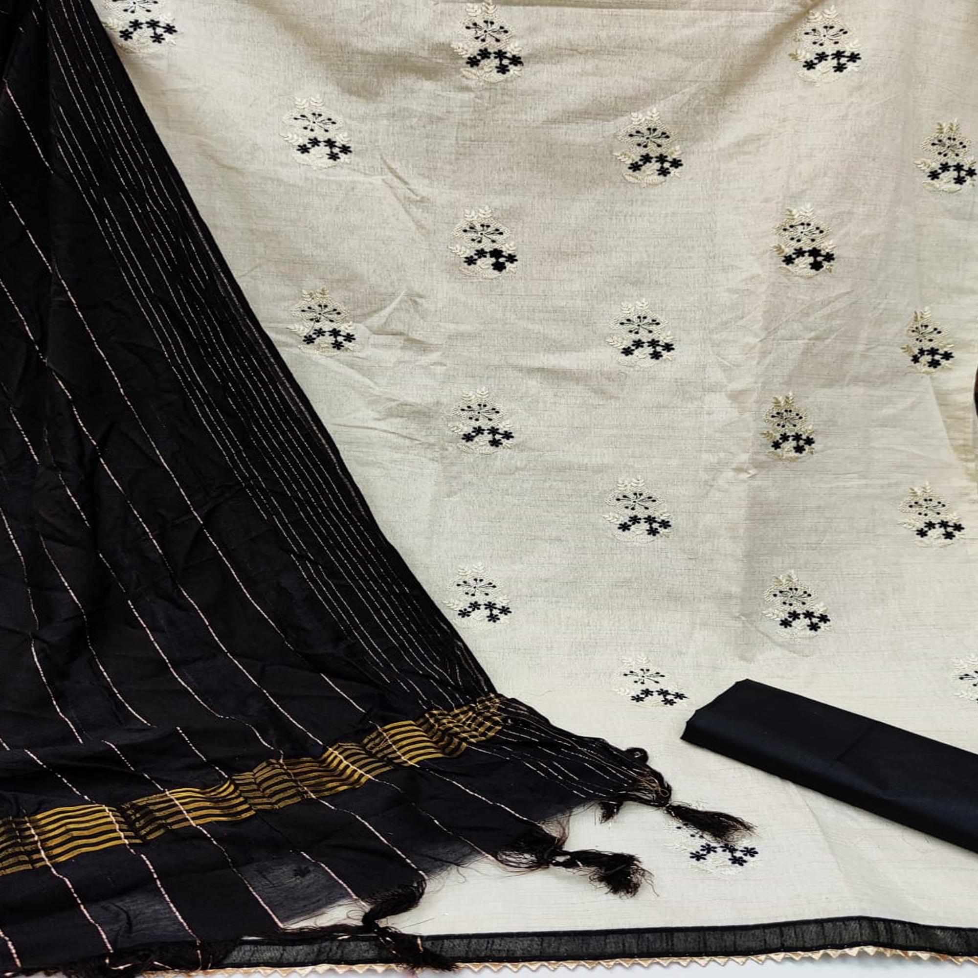 Offwhite - Black Casual Wear Embroidered Cotton Dress Material - Peachmode