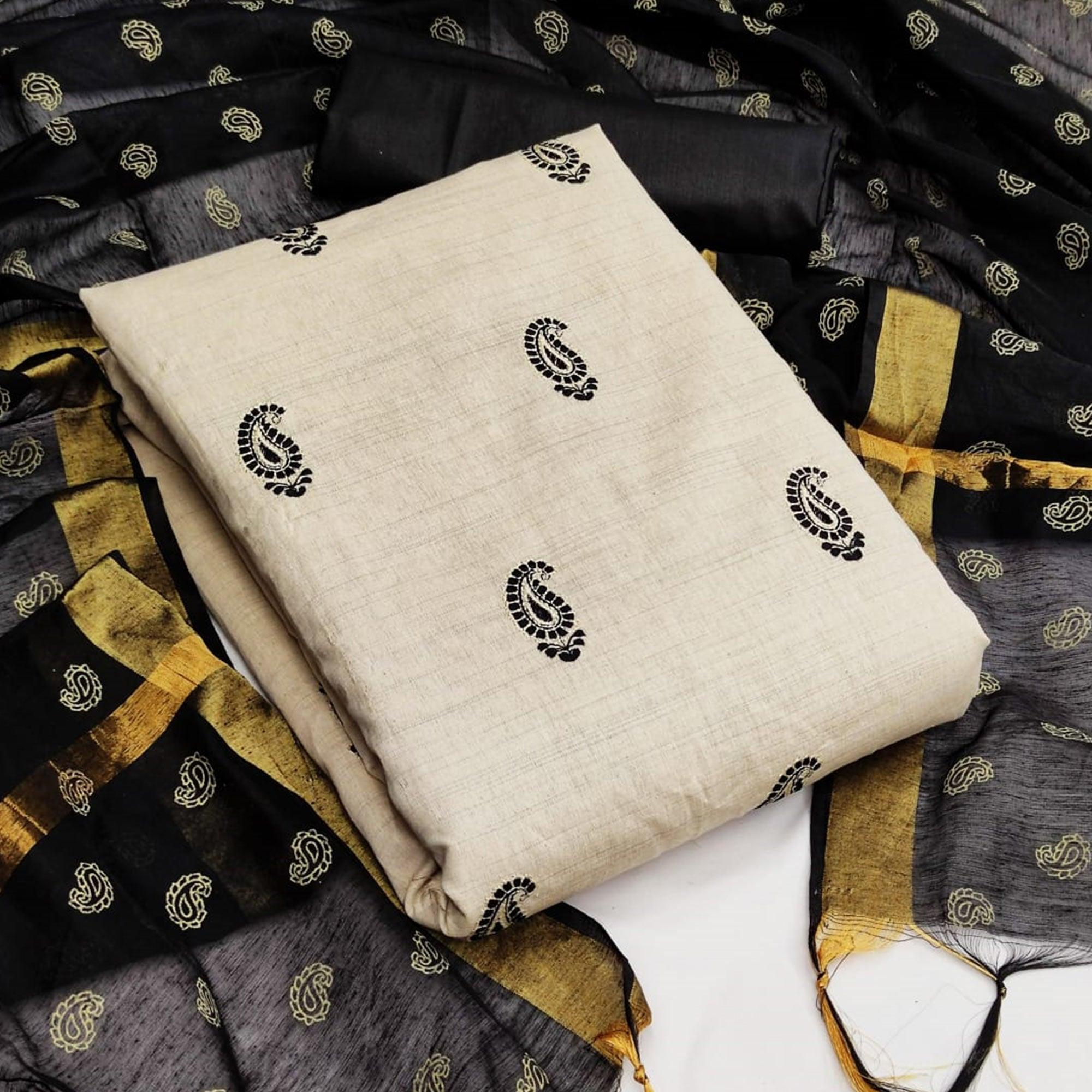 Offwhite - Black Partywear Printed Cotton Dress Material - Peachmode