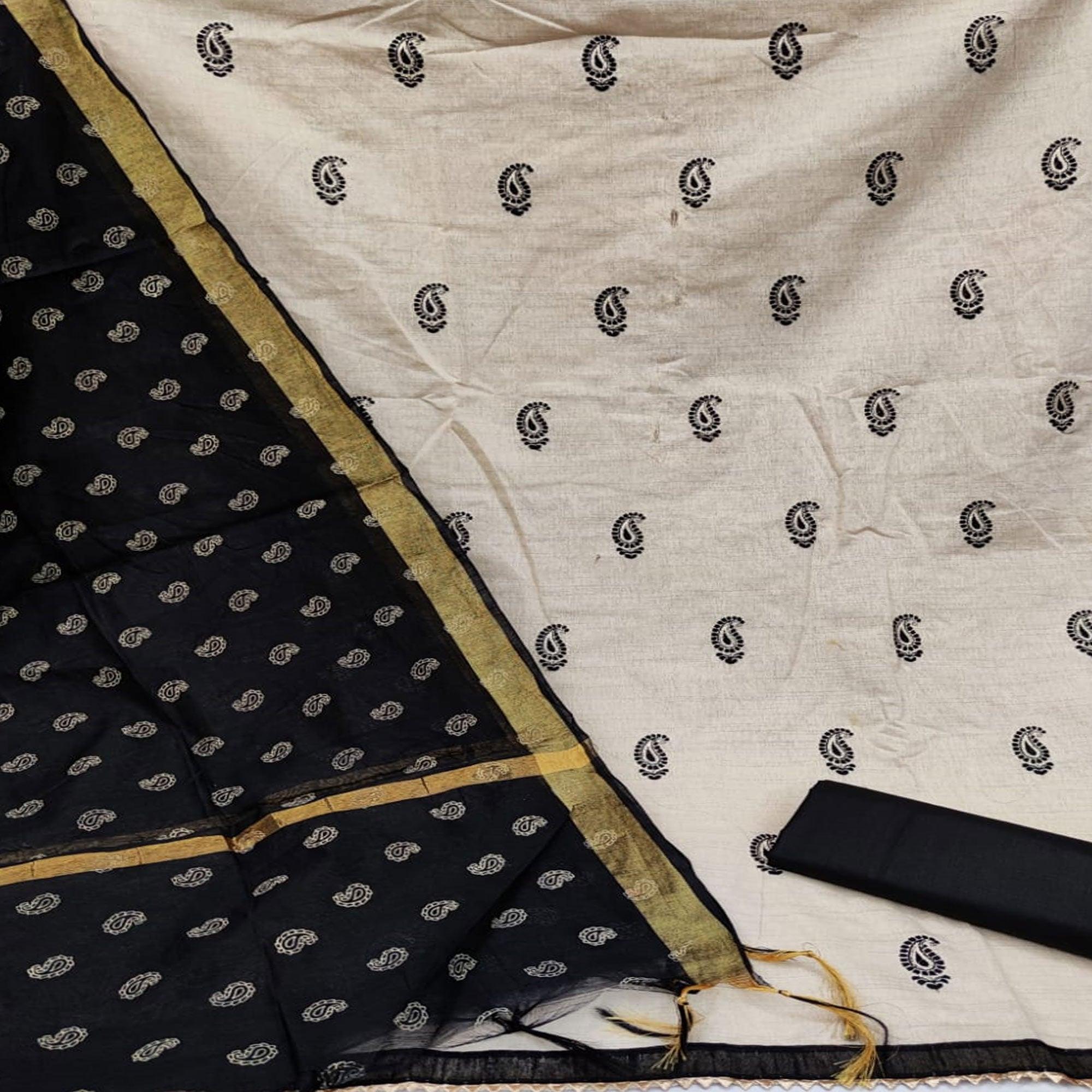 Offwhite - Black Partywear Printed Cotton Dress Material - Peachmode