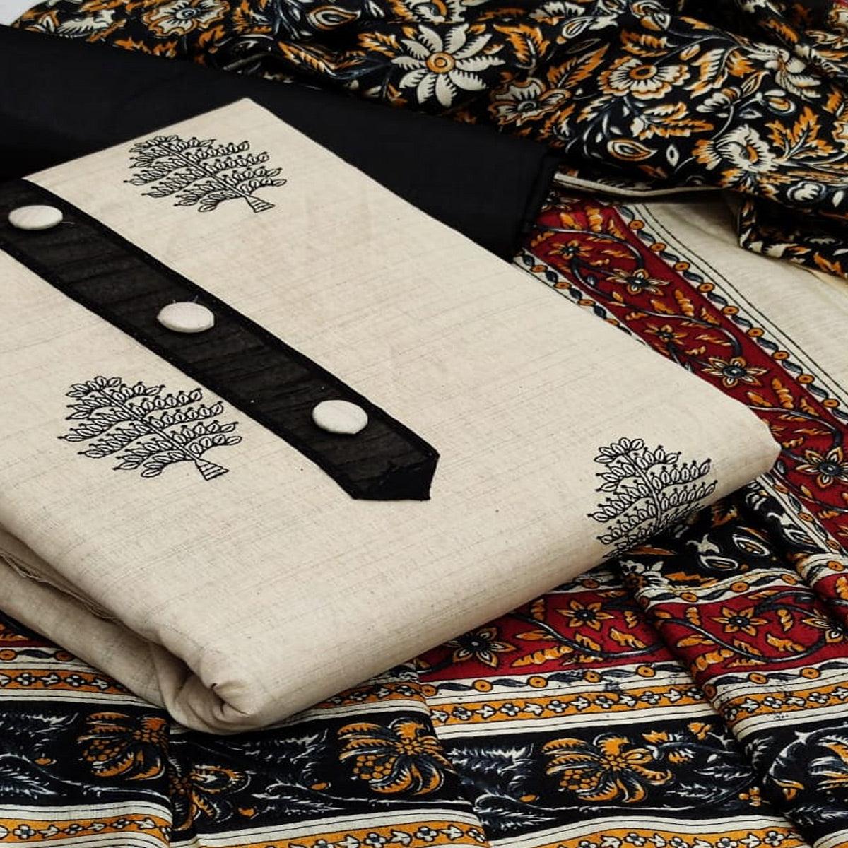 Offwhite - Black Printed Poly Cotton Dress Material - Peachmode