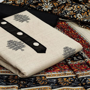 Offwhite - Black Printed Poly Cotton Dress Material - Peachmode