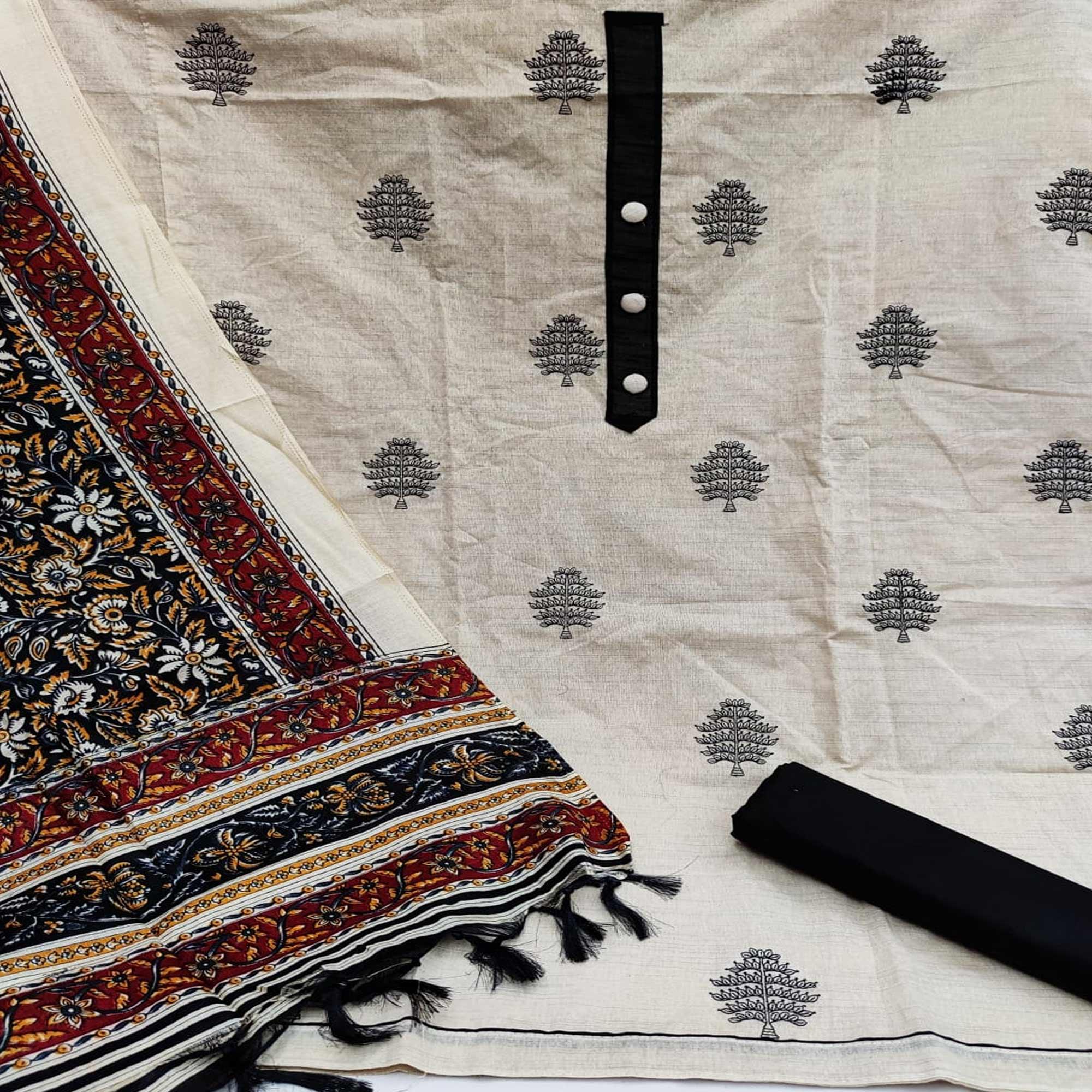 Offwhite - Black Printed Poly Cotton Dress Material - Peachmode