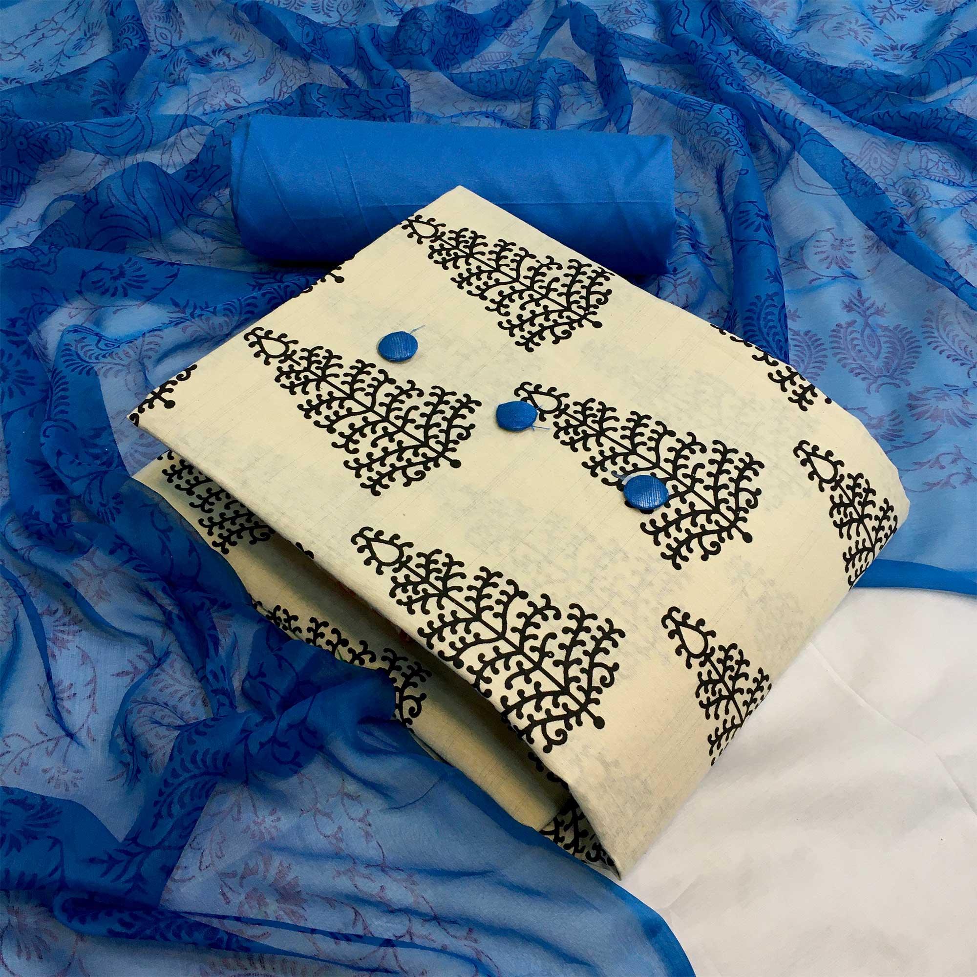 OffWhite - Blue Casual Wear Printed Cotton Dress Material - Peachmode