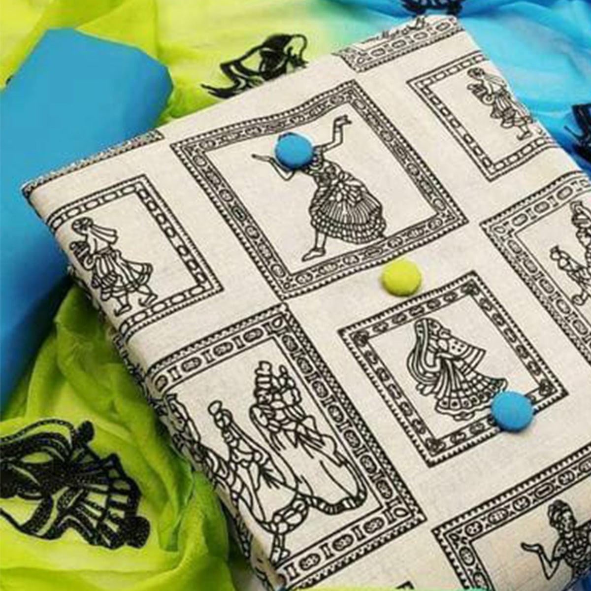 OffWhite - Blue Casual Wear Printed Cotton Dress Material - Peachmode