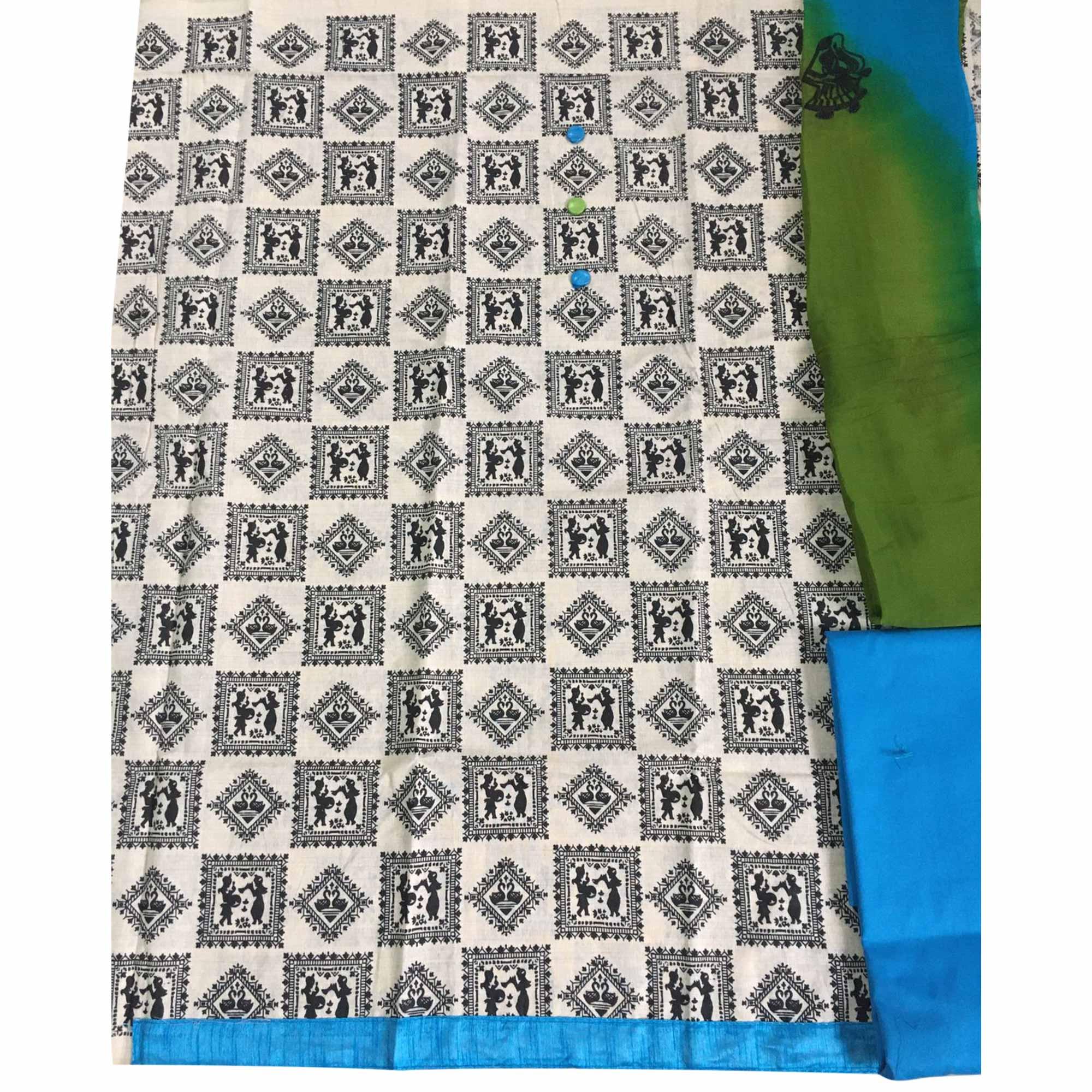 OffWhite - Blue Casual Wear Printed Cotton Dress Material - Peachmode