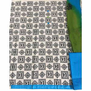OffWhite - Blue Casual Wear Printed Cotton Dress Material - Peachmode