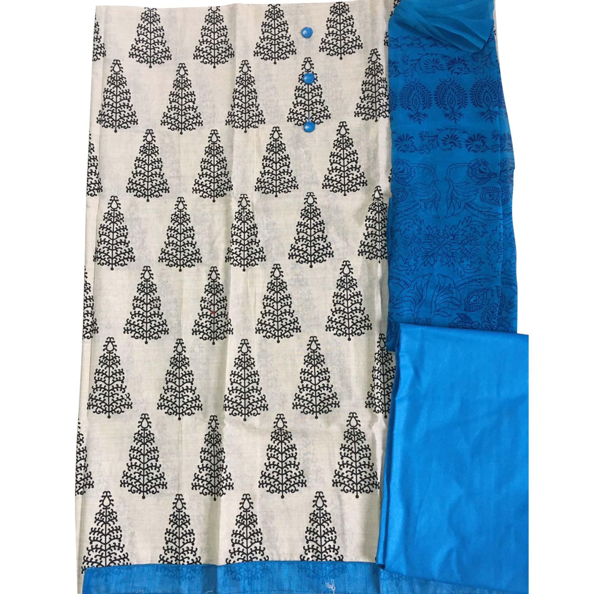 OffWhite - Blue Casual Wear Printed Cotton Dress Material - Peachmode