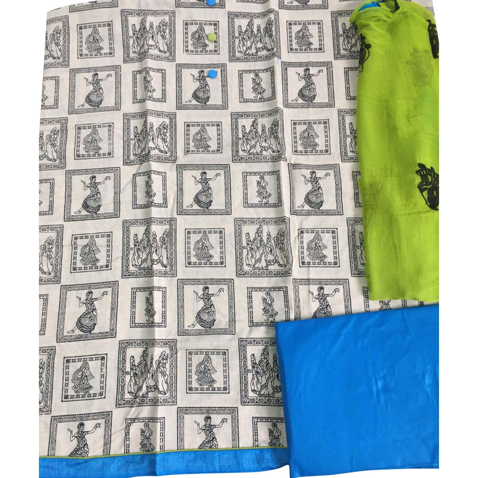 OffWhite - Blue Casual Wear Printed Cotton Dress Material - Peachmode