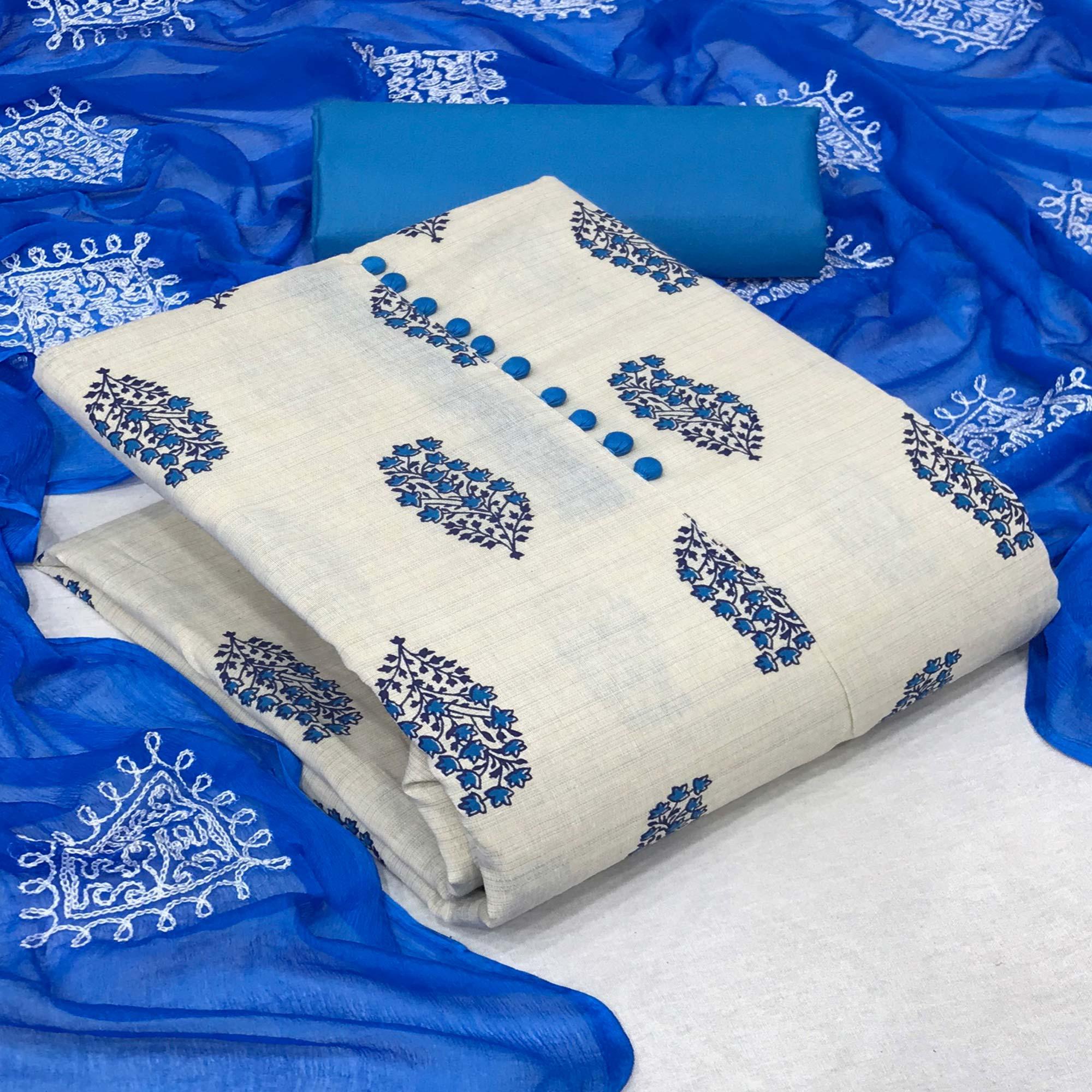OffWhite - Blue Floral Printed Khadi Dress Material - Peachmode